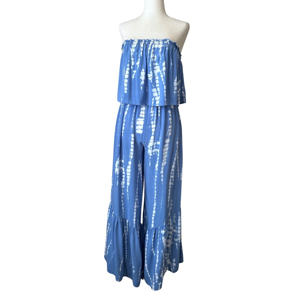 Japna Tie Dye Strapless Wide Leg Strapless Jumpsuit - S - Blue, White